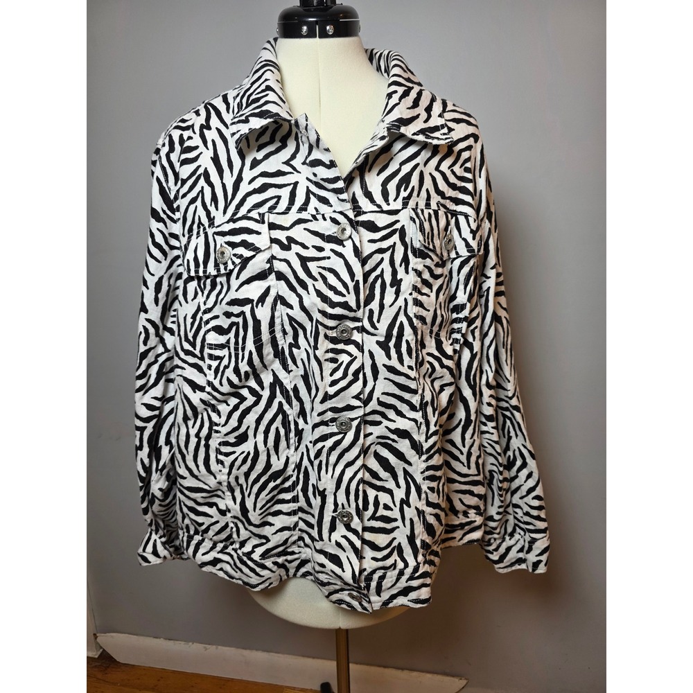 Saint Tropez West 100% Linen Zebra Print Jacket Womens 3X Black White Boho Y2K‎
